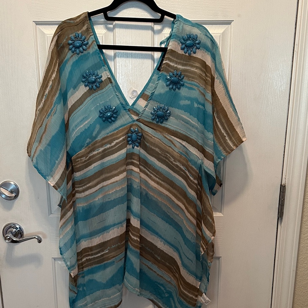 Aqua & Taupe Striped Sheer Beaded Tunic Bathing Suit Coverup Open Sides Size M